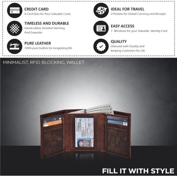 Real Leather Trifold Wallet for Men - RFID Wallets Slim 9 Credit Card Holder 2 - Picture 4 of 7